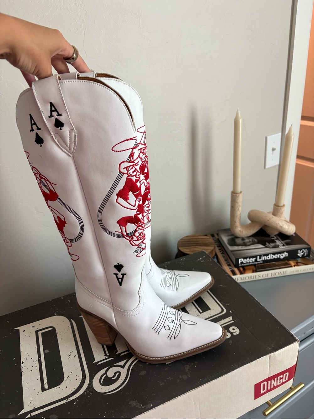 dingo White & Red Ace Embroidered Western Knee-High Boots - Picture 2 of 3